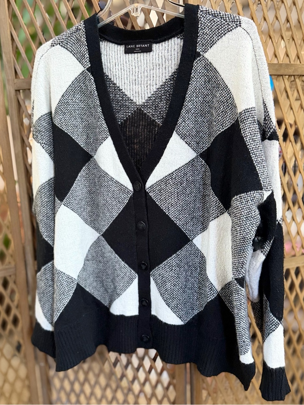 Lane Bryant Argyle Sweater-Black and White Diamond-Pattern Cardigan